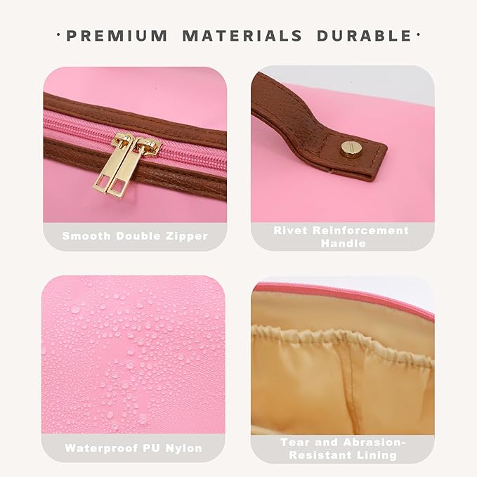 Travel Makeup Bag – Large Cosmetic Organizer with Waterproof Nylon, Smooth Double Zipper & Tear-Resistant Lining, Toiletry Pouch for Women (Pink)