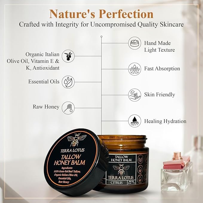 Organic Grass-Fed Beef Tallow Balm with Raw Honey - Moisturizing Cream for Soft, Smooth Skin - Handmade All-Natural Moisturizer (2 Oz, Lavender)