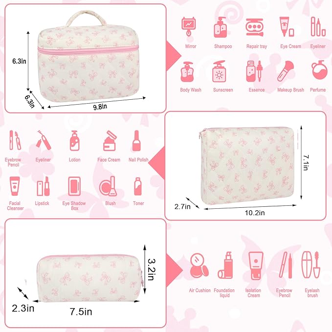 3Pcs Makeup Bag Quilted Cotton Cosmetic Bags for Women Large Small Pink Bow Makeup Pouch Set Cute Coquette Floral Travel Bags Portable Skincare Toiletry Bag Vintage Puffy Essential Organizer