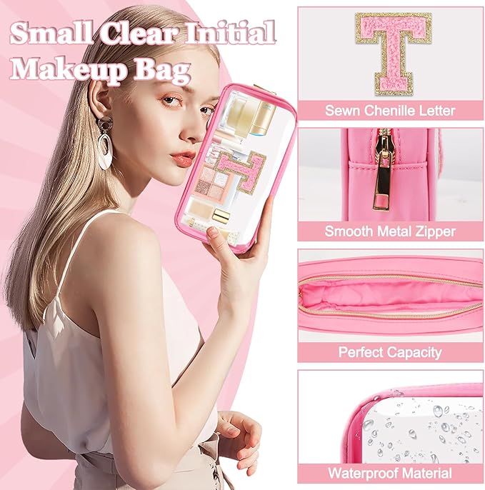 Small Clear Personalized Initial Makeup Bag, Preppy Nylon A-Z Chenille Letter Patch Makeup Organizer TSA Approved Travel Toiletry Bag,Waterproof Zip Beach Cosmetic Pouch Purse for Women(Pink-Pink T)