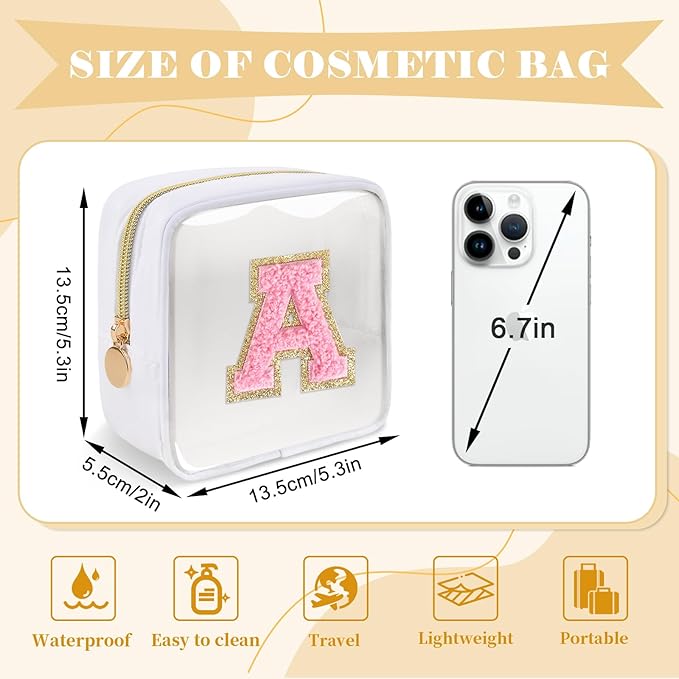 Personalized Initial Letter Clear Preppy Makeup Bag,Mini Nylon Chenille Letter Cosmetic Bag Cute Zipper Pouch Purse for Teen Girls,Portable TSA Approved Beach Travel Essentials Bag Gift for Women,A