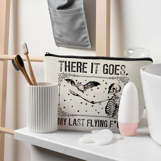 Halloween Makeup Bag, Goth Skeleton & Bat Design, White, Waterproof Linen Cosmetic Bag for Women