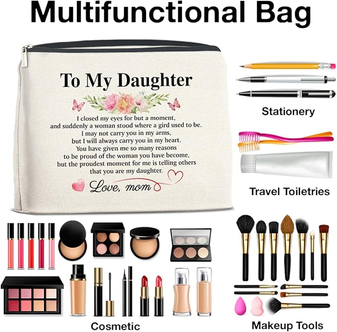 to My Daughter Makeup Bag Gifts from Mom, Gifts for Daughter Christmas Birthday, Daughters Cosmetic Bag Zipper Makeup Pouch