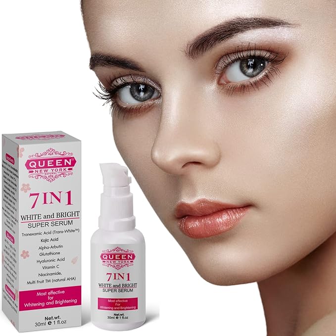 QUEEN 7-in-1 Super Serum – 5% Tranexamic Acid, 5% Kojic Acid, 2% Alpha Arbutin with Niacinamide, Hyaluronic Acid & Vitamin C – Brightening, Hydrating Anti-Aging Facial Serum for Women – 1 fl oz