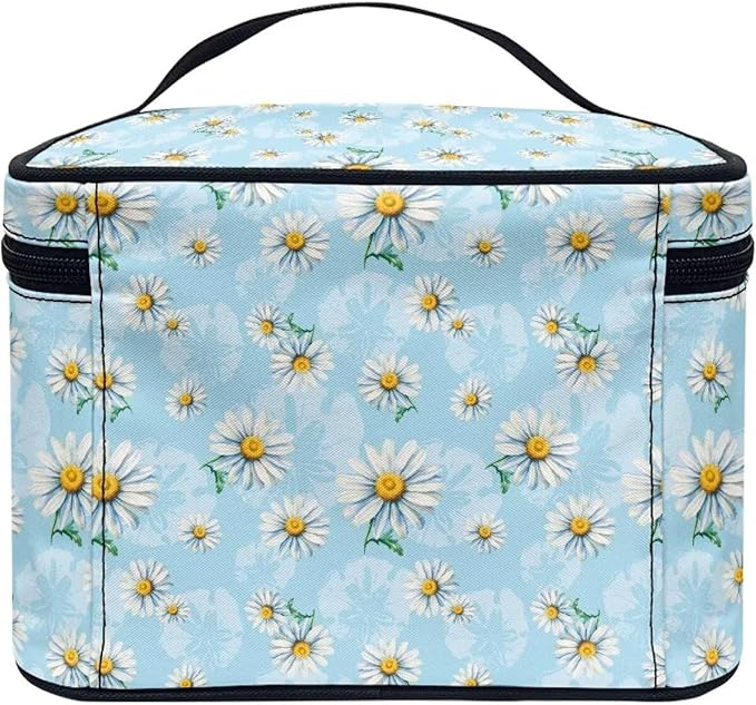 Daisy Flowers Blue Pattern Travel Makeup Bags for Women Portable Tote Cosmetic Case with Carry Handle Toiletry Accessories Storage Organizer Bags