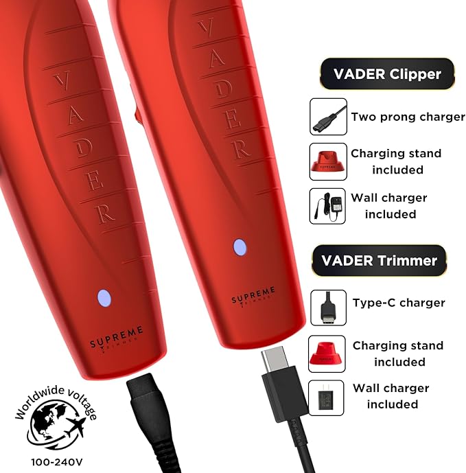 Supreme Trimmer 2-in-1 Vader Clipper & Trimmer Kit | Cordless Beard Trimmer & Mens Clippers Set for Barbers or Home | with DLC Coated Blades | Red