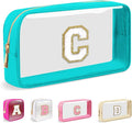 Small Clear Personalized Initial Makeup Bag,Nylon Preppy A-Z Chenille Letter Patch Cosmetic Pouch Beach Toiletry Bag,Waterproof Zipper Travel Purse Storage Bag Organizer for Women Girls(Cyan-White C)