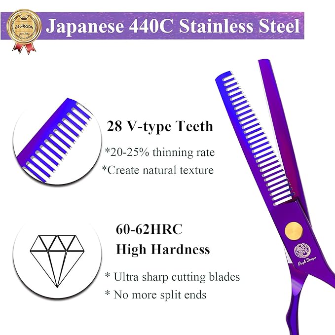 Purple Dragon 5.5 inch Hair Cutting Scissors Set with Razor, Leather Scissors Case, Barber Hair Cutting Shears Hair Thinning/Texturizing Shears for Professional Hairdresser or Home Use (Purple)