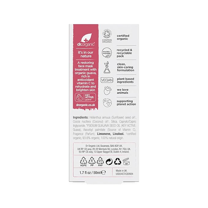 Dr. Organic Vitamin C Face Mask | Illuminating and Hydrating for Dull Skin, Natural, Vegan, Cruelty-Free, Paraben & SLS-Free, Certified Organic, 50 mL / 1.7 fl oz