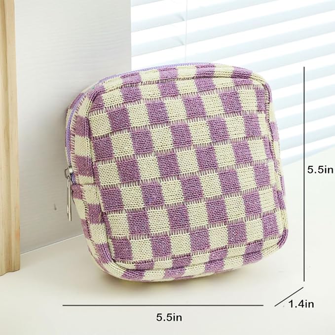 Small Purple Makeup Bag for Purse, Mini Checkered Cosmetic Bag Zipper Cute Make Up Pouch Travel Toiletry Bag Quilted Aesthetic Accessories Makeup Storage Bag Organizer for Women Girls
