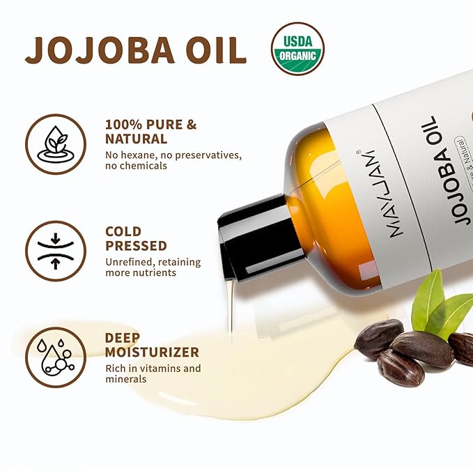 MAYJAM 16 Oz Jojoba Oil for Skin, USDA Certified Cold Pressed Jojoba Oil for Hair, Face, Body, Ear Stretch, Nails,Massage, Deeply Moisturizing, Carrier Oil for Essential Oils Mixing(473ML)