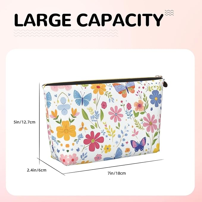 Womens Leather Makeup Bag Cosmetic Bag Travel Toiletry Bags Make Up Bags for Women Adult (Floral Butterflies)
