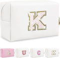 Initial Letter Patch Makeup Bag, Small Preppy A-Z Glitter Letter Cosmetic Bag, PU Leather Waterproof Travel Toiletry Bag, Cute Make Up Pouch Personalized Monogrammed Gift for Women Teen Girls