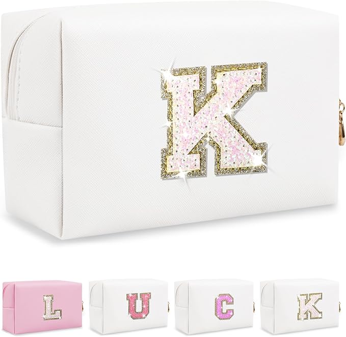 Initial Letter Patch Makeup Bag, Small Preppy A-Z Glitter Letter Cosmetic Bag, PU Leather Waterproof Travel Toiletry Bag, Cute Make Up Pouch Personalized Monogrammed Gift for Women Teen Girls