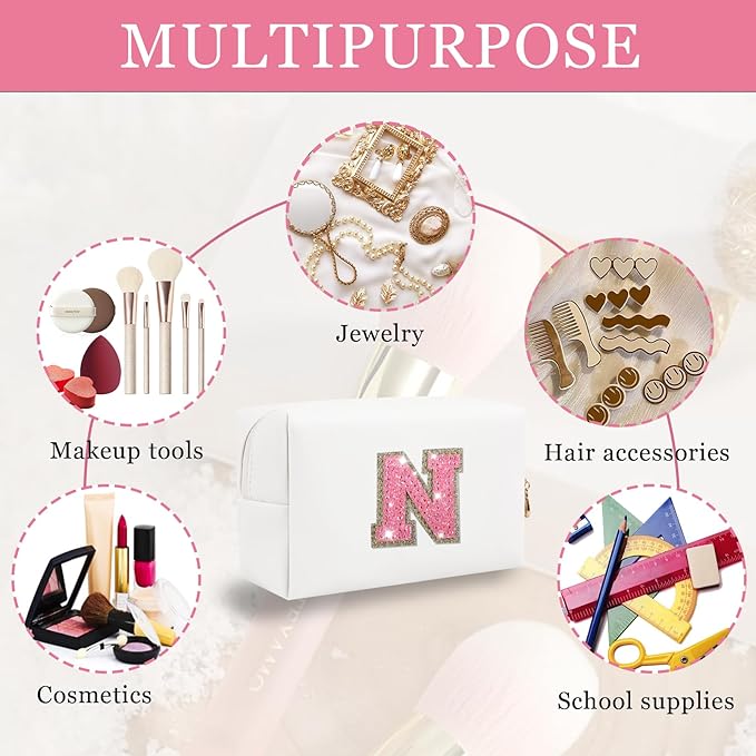 Personalized Initial Letter Makeup Bag, Small Glitter Letter Patch Cosmetic Pouch Zipper, Preppy Makeup Organizer PU Waterproof Travel Toiletry Bag, Monogrammed Birthday Gift for Women Girls