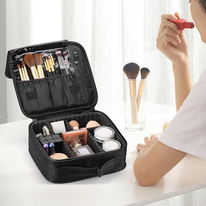 Tbestmax 2 Pack Travel Makeup Bag Cosmetic Train Case Organizer Portable Artist Storage Bag with Adjustable Dividers for Cosmetics Makeup Brushes Toiletry Jewelry Black