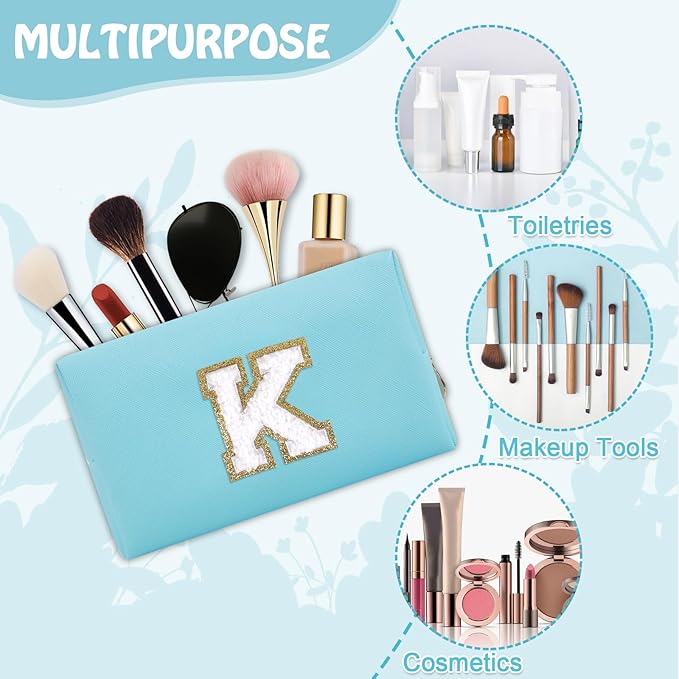 Personalized Small Preppy Makeup Bag, Chenille Letter Blue Initial Cosmetic Zipper Pouch Travel Toiletry Organizer, Waterproof PU Leather Make Up Case Travel Essentials for Women Friendship(Letter K)