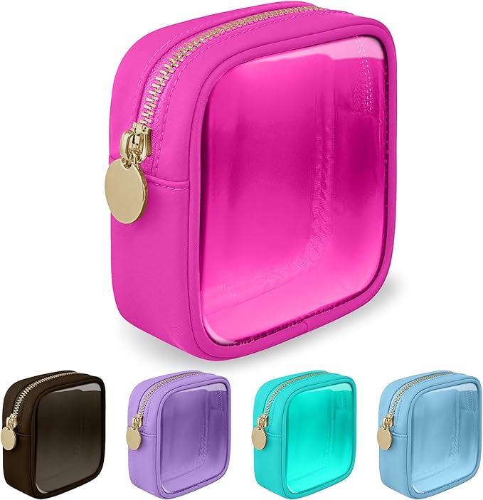 Mini Clear Travel Makeup Organizer Bag for Purse, Small Cute Makeup Bag Preppy Cosmetic Zipper Pouch Purse, Transparent PVC & Nylon Coin Pouch Sanitary Napkin Storage Bag for Women Men Girls(Hot Pink)