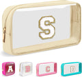 Small Clear Personalized Initial Makeup Bag,Nylon Preppy A-Z Chenille Letter Patch Cosmetic Pouch Beach Toiletry Bag,Waterproof Zipper Travel Purse Storage Bag Organizer for Women Girls(Beige-White S)