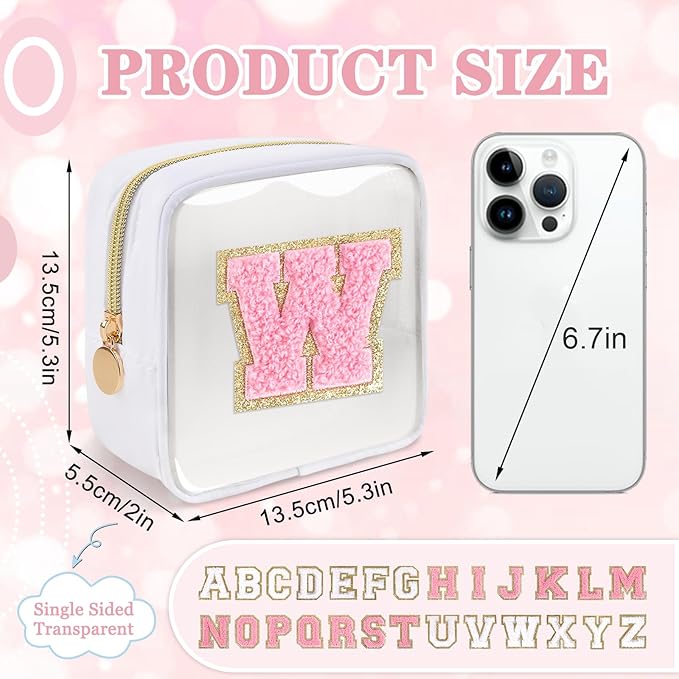 Mini Clear Personalized Initial Makeup Bag, Small Preppy A-Z Chenille Letter Patch Cosmetic Pouch, Transparent PVC & Nylon Waterproof Zip Beach Toiletry Bag,Gift for Women Girls(White-Pink W)