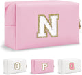 Chenille Letter Personalized Initial Preppy Makeup Bag, Small Travel Cute Pink Cosmetic Zipper Pouch Toiletry Bags, Waterproof PU Monogram Make Up Organizer Gift for Nurse Nieces Teacher(Letter N)