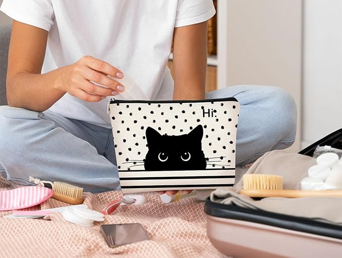 Cat Makeup Bag - Black Cat Purse, Small Cute Makeup Bag Cosmetic Bag For Women & Teen Girls, Cat Lady Gifts For Women (Polka Dot)