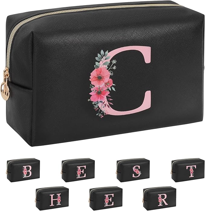 Personalized Initial Makeup Bag, Birthday Gifts for Women and Girls, Small Makeup Pouch Travel Toiletry Bag, Make Up Organizer Bag Gift Trendy Stuff for Friend Mom Teacher, Black