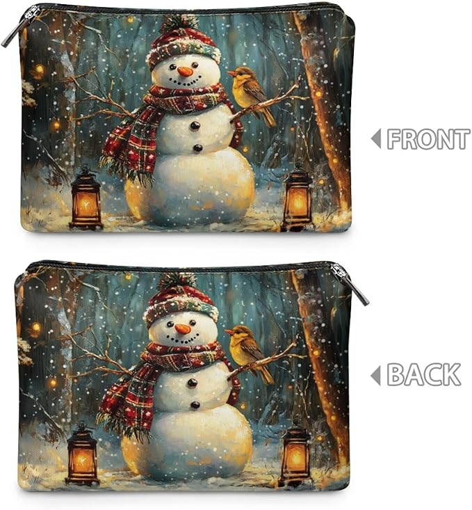 COEQINE Snowman Birds Black Pouches For Purse Organization Christmas Makeup Bags for Women Travel Leather Cosmetic Bag Cute Toiletry Travel Bag For Christmas Birthday Holiday Gifts
