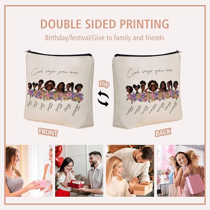 Inspirational Christian Makeup Bag Gifts: God Says You Are Themed Cosmetic & Toiletry Organizer Pouch For African American Black Teen Girls & Women.Ideal Gift For Travel, Birthdays, & Christmas.