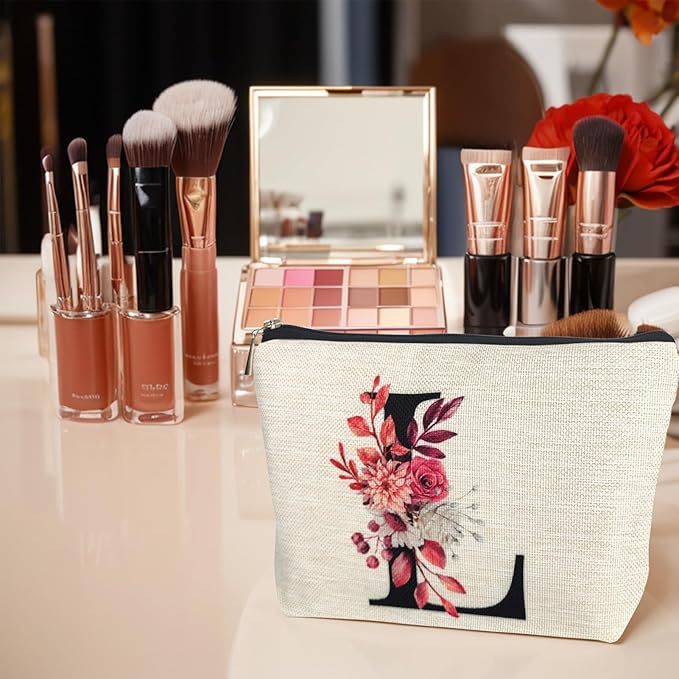 Initial A-Z Personalized Floral Makeup Bag, Monogrammed Birthday Gifts for Women Mom, Mothers Day Christmas Gift Ideas for Best Friend, Bride Bridesmaid, Her, Grandma, Small Travel Cosmetic Bag (L)