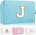 Personalized Initial Letter Patch Makeup Bag, Preppy Portable Chenille Letter Cosmetic Bag with Zipper, PU Leather Waterproof Travel Toiletry Bag Monogram Make Up Pouch for Women Girls