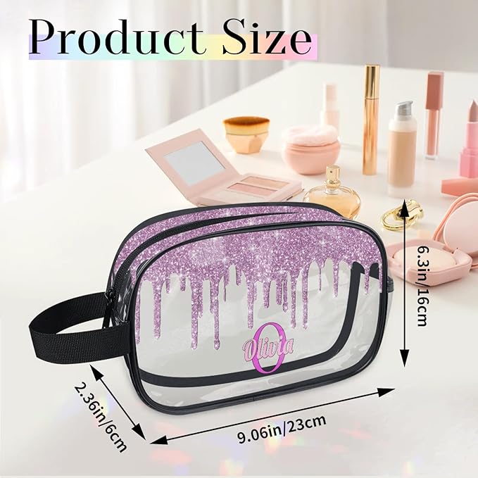 Personalized Clear Makeup Bag with Name, Best Friends Teen Women Mom Birthday Gift PVC Cosmetic Toiletry Travel Bag for Toiletries, Plum Purple Fluid Shape Sequins