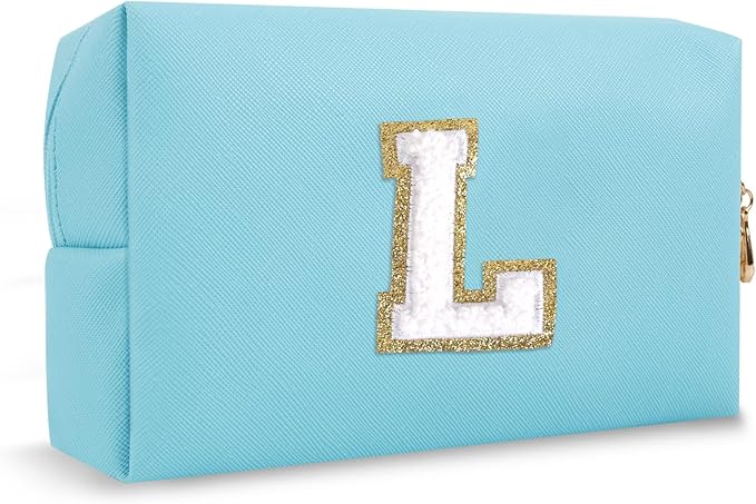 Personalized Initial Preppy Makeup Bag Organizer, Small Blue Cute Travel Cosmetic Bag Toiletry Zipper Pouch for Women, Portable Waterproof PU Make Up Case Birthday Gifts for Friends Teacher(Letter L)