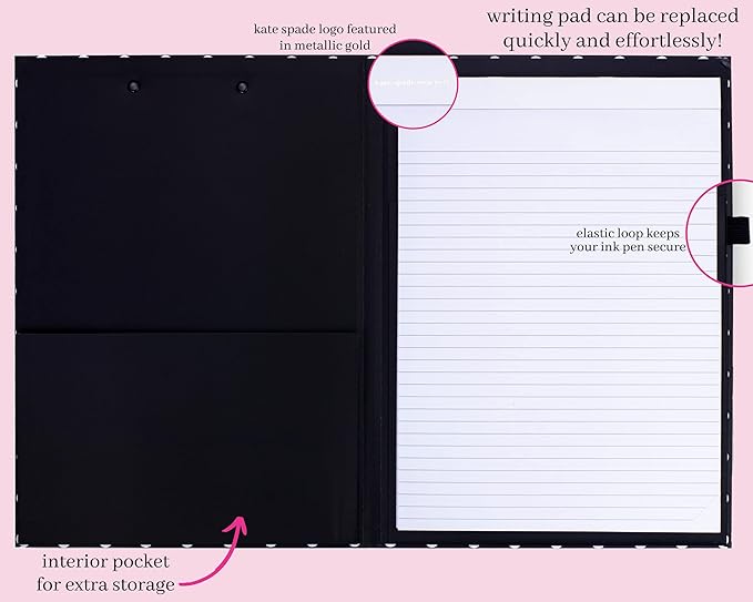 Kate Spade New York A4 Clipboard Folio with Low Profile Clip, Black Professional Padfolio Includes Lined Notepad, Pen Loop, and Pocket, Polka Dots