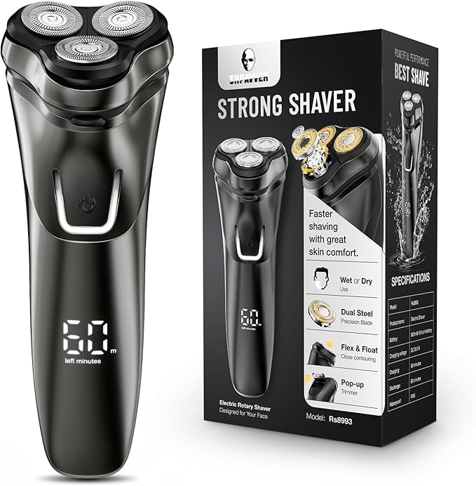 Electric Razor for Men Cordless: Wet/Dry Rotary Shaver Waterproof - USB Fast Charging & Sensitive Skin Care - Pop up Trimmer & Precision Blades Black