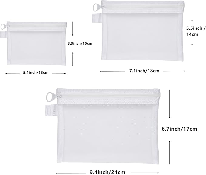 Quotidian Flat Clear Mesh Zippered Pencil Pouch White Travel Bag Makeup Organizer 3-Size Pack of 9 - Business Trip Fitness Purse Insert