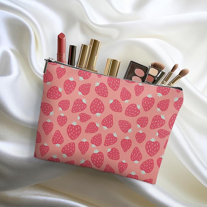 4 Packs Cute Flowers Strawberry Makeup Bag Floral Cosmetic Bag Friend Friendship Gifts for Women Girls Sister Coworker Botanical Travel Organizer Zipper Pouch Christmas Thanksgiving Birthday Gifts