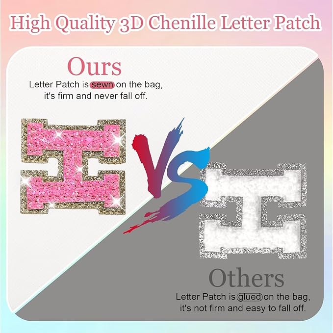 Small Personalized Glitter Initial Letter Makeup Bag, Cute PU Leather Chenille Letters Cosmetic Bag Travel Makeup Pouch, Preppy Travel Organizer Zipper Pouch for Women&Girls（WhiteRosePink-W）