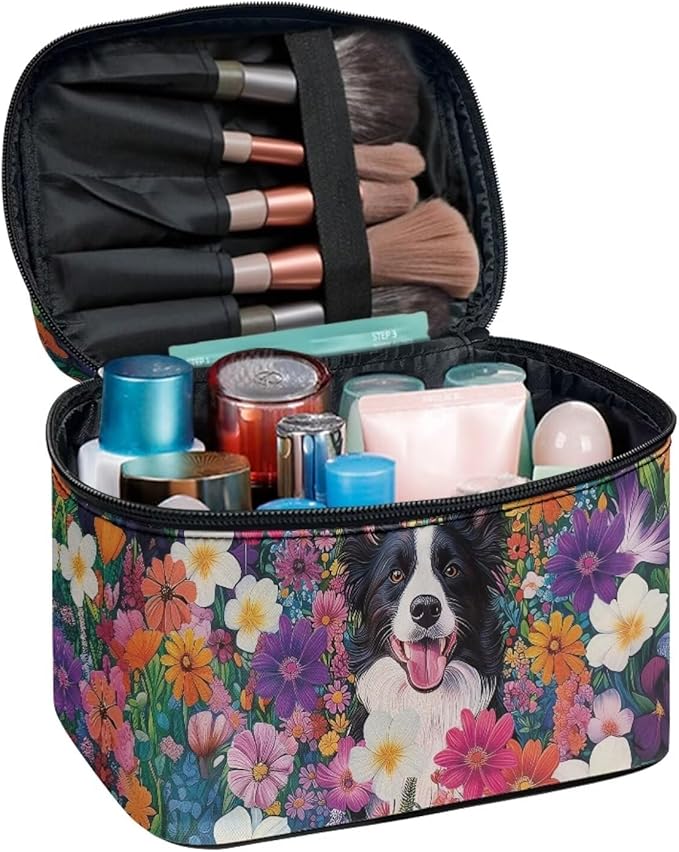 JoyLamoria Collie and Flower Cosmetic Bag Outdoor Travel Makeup Bag Cute Cosmetic Wallet Coin Purse for Teens