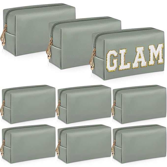 Sanwuta 9 Pcs Makeup Bags Bulk PU Double Zippers Cosmetic Bag Makeup Toiletry Christmas Small Pouch Portable Travel Organizers Case for Women Bridesmaid Party End of The Year(Dark Green)