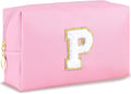 Initial Makeup Bag Personalized Preppy Travel Small Cosmetic Bag Cute PU Pink Chenille Letter Makeup Pouch for Purse Waterproof Zippered Toiletry Organizer for Women Girls Kids Friends (P)