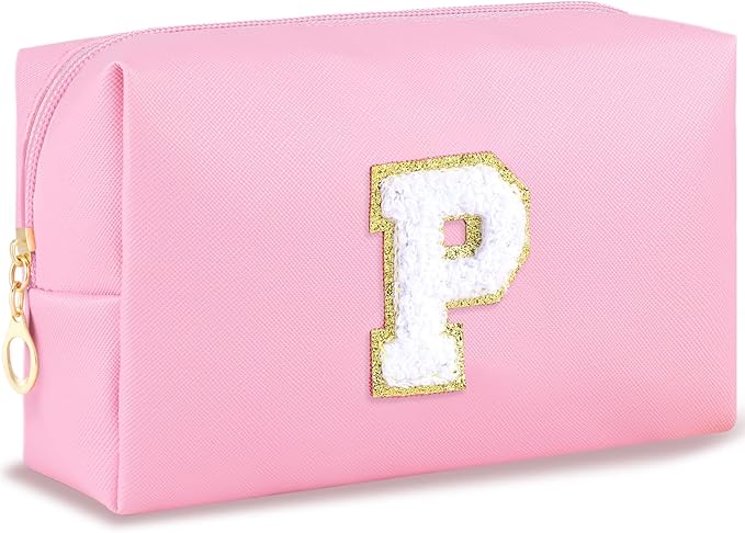 Initial Makeup Bag Personalized Preppy Travel Small Cosmetic Bag Cute PU Pink Chenille Letter Makeup Pouch for Purse Waterproof Zippered Toiletry Organizer for Women Girls Kids Friends (P)