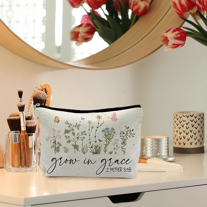 Christian Floral Makeup Bag Pouch, Grow in Grace 2 Peter 3:18, Religious Christian Gifts for Women, Bible Verse Gifts, Bible Verse Cosmetic bag