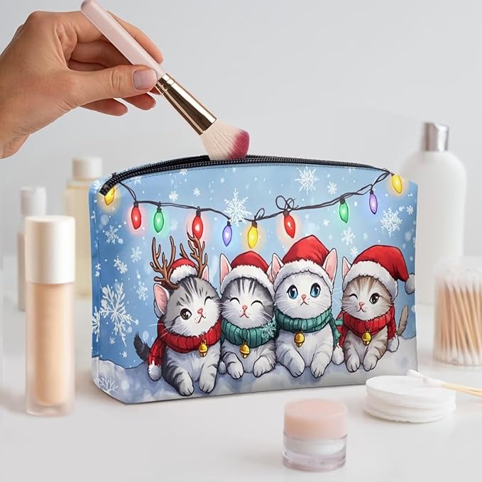 COEQINE Cute Makeup Bags for Women Christmas Cat Kawaii Cosmetic Zipper Pouch Bags with Zipper Soft Leather Makeup Brush Holder Storage Toiletry Holiday Handbag