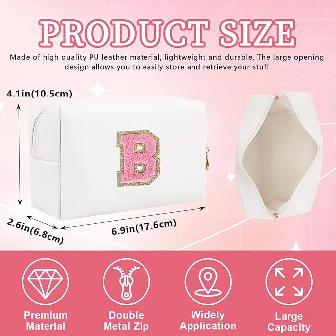 Personalized Initial Letter Patch Makeup Bag, Preppy Portable Chenille Letter Cosmetic Bag with Zipper, PU Leather Waterproof Travel Toiletry Bag Monogram Make Up Pouch for Women Girls(Letter B)