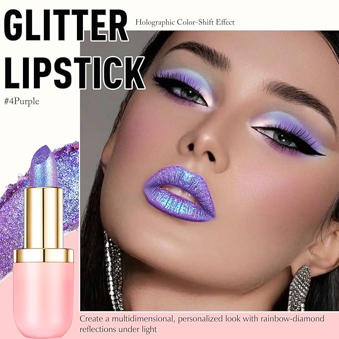 Purple Metallic Lipstick, Holographic Glitter Lip Stick for Women Makeup Long Lasting Lightweight Non-Sticky Hydrating Lip Tinted Full Coverage High-Shine Sparkling Shimmer Chameleon Lipstick