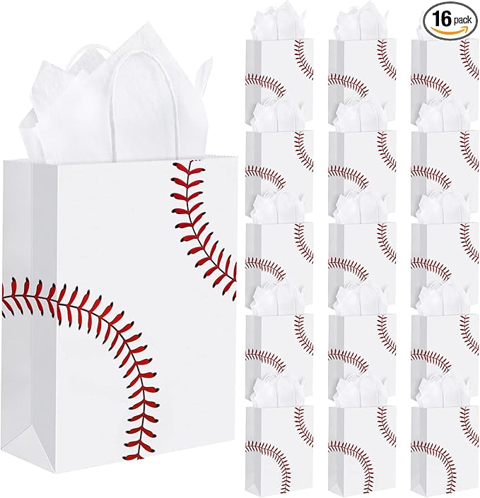 durony 16 Pieces Baseball Party Favor Bags with Handles Tissue Paper Gift Bags Goodie Candy Treat Bag for Birthday, Baseball Themed Party Supplies (8.6 x 6.2 x 3.1 Inches)