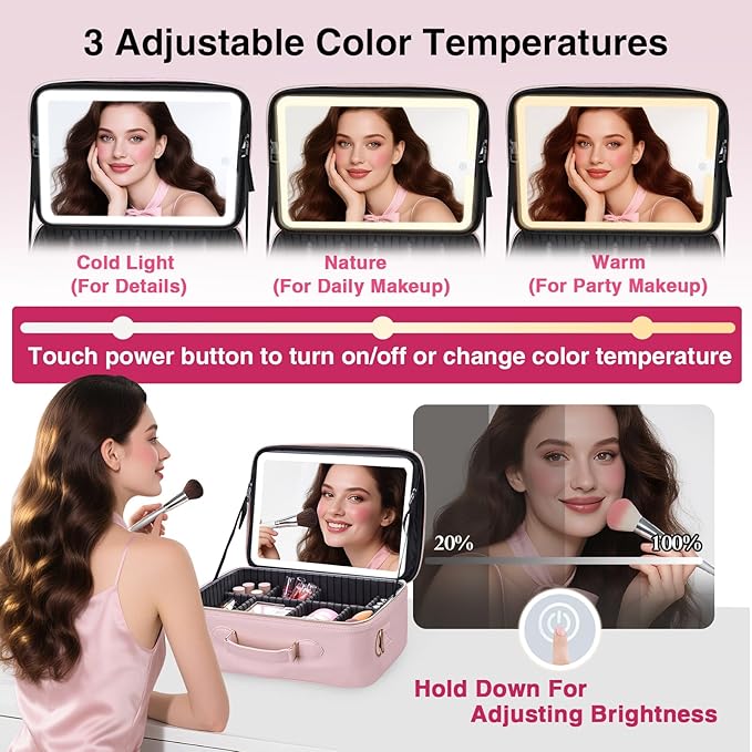 Large Makeup Bag with LED Mirror,Travel Cosmetic Train Case for Makeup Artists,Makeup Organizer Case with Divider Rechargeable Vanity Mirror with 3 Color Lights for Barber,MUA,Nail Tech, Pink
