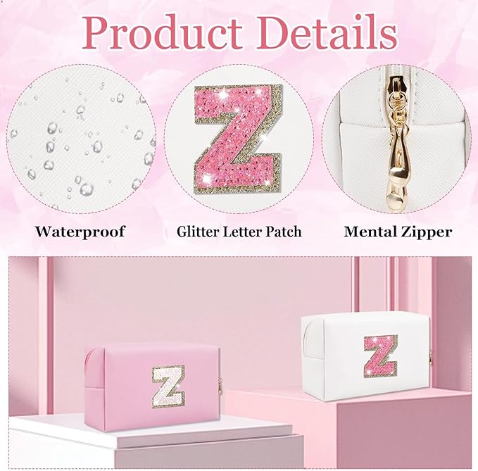 Glitter Initial Letter Makeup Bag, Small Personalized Sequins Letters PU Leather Cosmetic Bag Portable Waterproof Makeup Zipper Pouch, Shine Handbag Organizer Travel Bag Gifts for Women&Girls(White-Z)