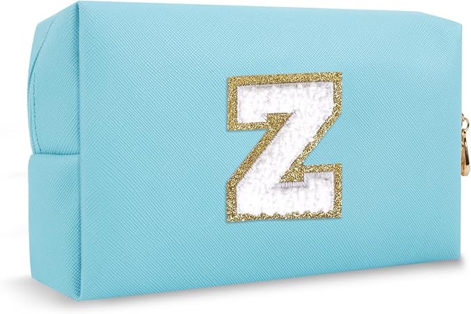 Small Initial Preppy Makeup Bag, Personalized Cute Blue Cosmetic Organizer Chenille Letter Travel Toiletry Zipper Pouch for Purse, Waterproof PU Make Up Case Birthday Gifts for Women Friend(Letter Z)